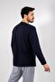 Navy Blue Long Sleeve 100% Cotton Large Size Pajama Set with Streamer Printed V-Neck - 4