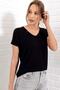 Kadın Siyah Viskon Karışımlı V Yaka Basic Örme T-shirt