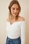 Women's White Gathered Collar Crop Knitted Blouse AH00105 - 2