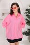 Women's Pink Hidden Buttoned Poor Sleeve Loose Oversize Wide Fit 50% Viscose 50% Cotton Shirt - 4