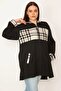 Women's Large Size Black Unlined Front Zippered Plaid Garnished Hooded Coat 65n31945