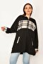 Women's Large Size Black Unlined Front Zippered Plaid Garnished Hooded Coat 65n31945 - 4