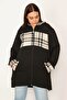 Women's Large Size Black Unlined Front Zippered Plaid Garnished Hooded Coat 65n31945 - 5