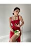 Red Thick Straps Satin Slit Dress