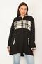 Women's Large Size Black Unlined Front Zippered Plaid Garnished Hooded Coat 65n31945 - 3