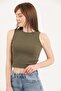 Women's Khaki Halter Neck Ribbed Crop Blouse - 3
