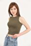 Women's Khaki Halter Neck Ribbed Crop Blouse - 4