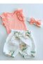 3 Piece Set with Organic Muslin Shorts, Flower Pattern, Ruffle Sleeves and Bandana - 2