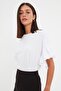 Beyaz %100 Pamuk Fırfır Detaylı Basic Bisiklet Yaka Örme T-Shirt TWOSS22TS2429 - 6