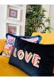 Love Embroidered Decorative Navy Blue Velvet Throw Pillow Cover - 3