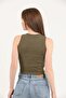 Women's Khaki Halter Neck Ribbed Crop Blouse - 5