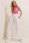White High Waist Front-Cut Loose-Leg Sweatpants with Double Pockets Alc-X7957 - 3