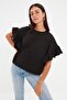 Siyah %100 Pamuk Fırfır Detaylı Basic Bisiklet Yaka Örme T-Shirt TWOSS22TS2429 - 7