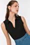 Siyah Fitted/Vücuda Oturan Polo Yaka Crop Esnek Örme Bluz TWOSS22BZ0335