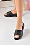 Black Genuine Leather Thick Banded Knitted Model Daily Women's Slippers M291850003