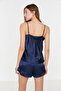 Lacivert Fırfırlı İp Askılı Saten Şortlu Dokuma Pijama Takımı THMSS22PT0274 - 5