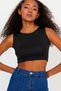 Women's Black Crew Neck Scuba Diving Fabric Sports Crop Top