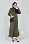 Scuba Suede Square Detailed Green Overcoat with Pockets