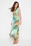 Multicolor A-Line Tie-Dye Patterned Waist Low-Cut Midi Woven Dress Twoss21El3578 - 3
