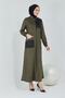 Scuba Suede Square Detailed Green Overcoat with Pockets - 2