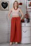 Women's Tan Italian Waist Rope Drawstring Detailed Pocket Appliqued Wide Leg Linen Trousers M10060000PN98594