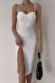 Adjustable Strap Padded Slit Detailed Midi Length White Evening Dress 129