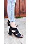 Black Banded Elastic Thick Heel Women's Sandals
