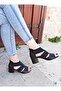 Black Banded Elastic Thick Heel Women's Sandals - 5