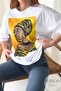 Women's White Design Women's Printed Three Quarter Sleeve Cotton T-Shirt - 4