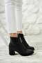 Black Leather Heeled Boots with Front Zipper - 2