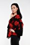 Front- Tie-Detail and buttoned red and black kimono with wide sleeves and large floral print. - 2