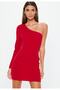 Flexible Diving Fabric Single Sleeve Detailed Red Mini Dress Evening Dress Evening Dress 443