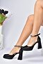 Black Satin Fabric Thick Platform Heeled Women's Shoes M404111804 - 2