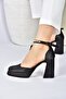 Black Satin Fabric Thick Platform Heeled Women's Shoes M404111804 - 5