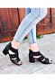 Black Banded Elastic Thick Heel Women's Sandals - 4