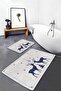 New Year's Themed Navy Blue Deer Motif 2-Piece Non-Slip Based Bathroom & Kitchen Mat Set - 2