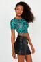 Women's Green Marbling Patterned Scuba Diving Fabric Short Sleeve Crop Top - 2