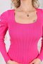 Women's Fuchsia Sleeve Pleated Gathered Princess Sleeve Square Neck Blouse Sweater - 4