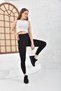 Women's Black Plain Belt Ribbed Lycra Striped High Waist Recovery Sports Leggings - 5