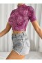 Women's Half Fisherman Fuchsia Leopard Patterned Short Sleeve Crop Body - 3