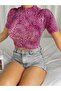 Women's Half Fisherman Fuchsia Leopard Patterned Short Sleeve Crop Body - 4