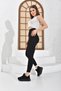 Women's Black Plain Belt Ribbed Lycra Striped High Waist Recovery Sports Leggings - 4
