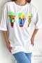 Women's White Crew Neck Neon Printed Oversize T-Shirt