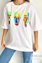 Women's White Crew Neck Neon Printed Oversize T-Shirt - 3