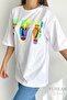 Women's White Crew Neck Neon Printed Oversize T-Shirt - 5