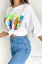 Women's White Crew Neck Neon Printed Oversize T-Shirt - 4