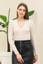 Women's Beige Hair Knit Pattern Stretchy Soft V-neck Knitwear Sweater