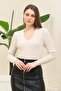 Women's Beige Hair Knit Pattern Stretchy Soft V-neck Knitwear Sweater - 3