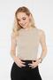 Crew Neck Beige Crop Corduroy Blouse