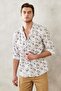 Men's White-khaki Slim Fit Narrow Cut Mono Collar 100% Cotton Printed Shirt